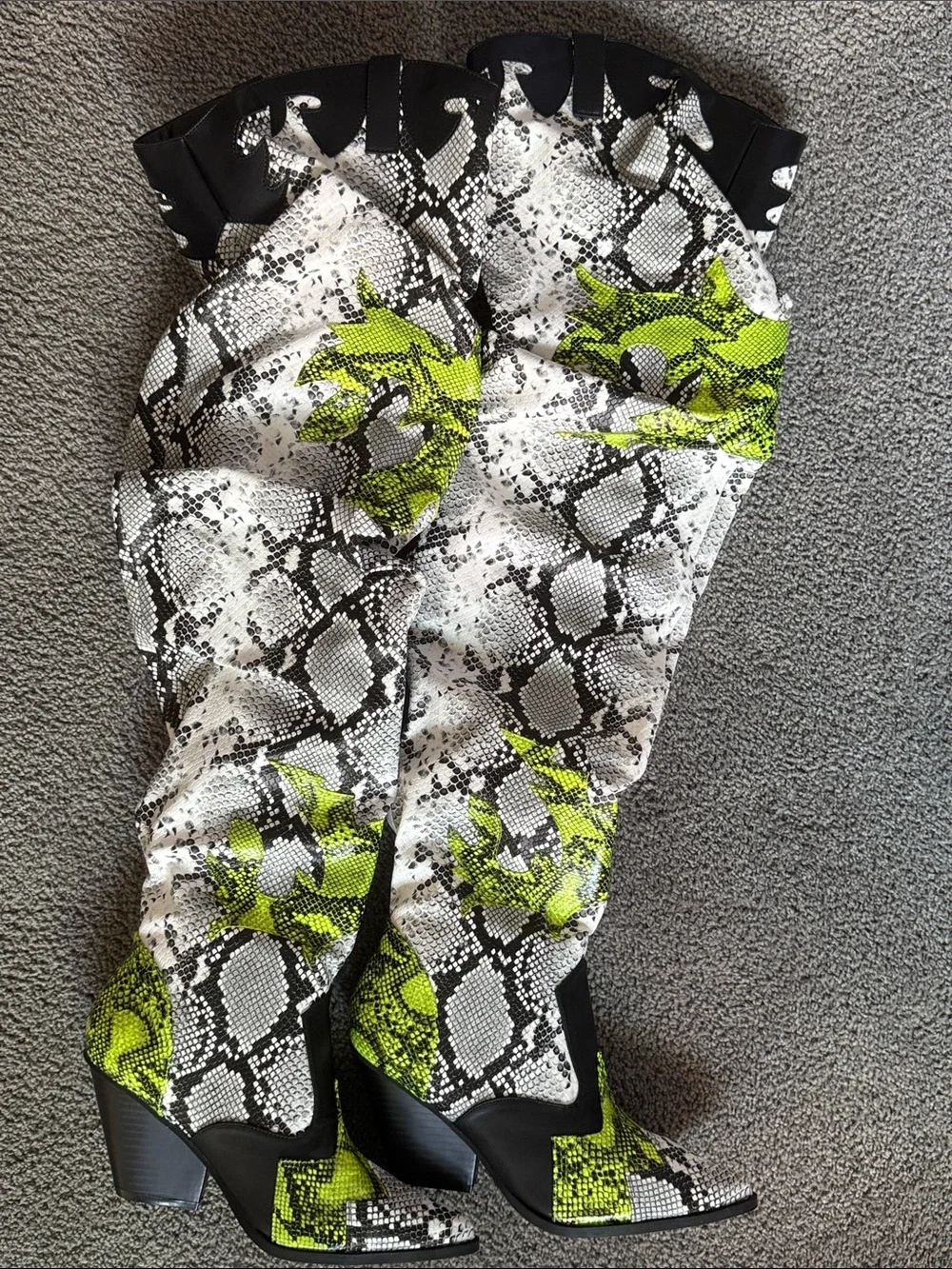 Slouch thigh high cowboy boots, white lime snake. 3.5” stacked Heel. Size 7.5